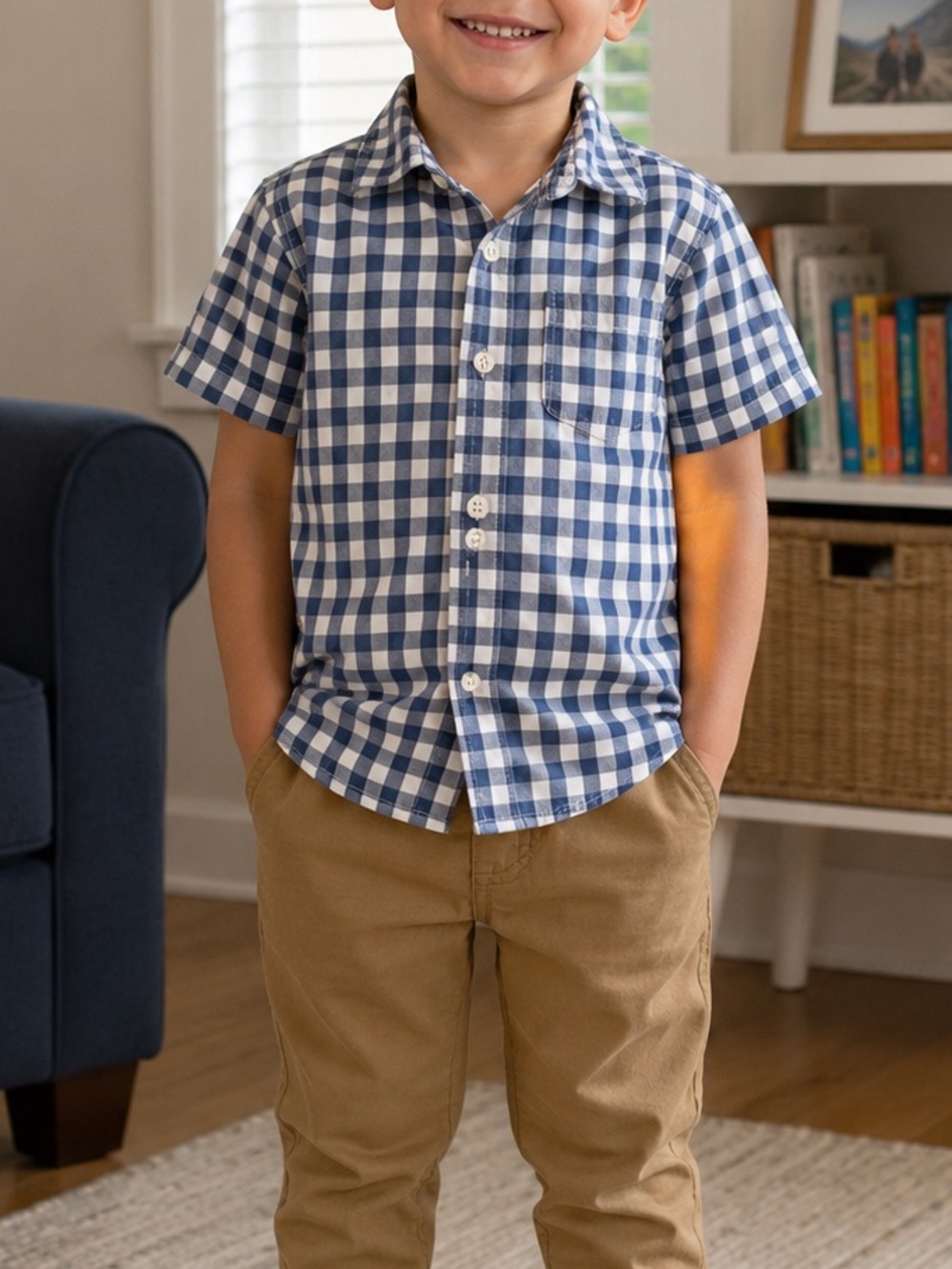 Baby GAP Boys Blue Gingham Button-Up Shirt Size 4 Toddler Short Sleeve Cotton